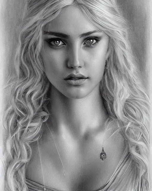 Image similar to pencil drawing of beautiful greek goddess aphrodite with arrowhead jewelry, beautiful piercing eyes, beautiful blonde hair, hyper realistic face, in the style of greg rutkowski, fantasy, amazing detail, epic, elegant, smooth, sharp focus, from the front