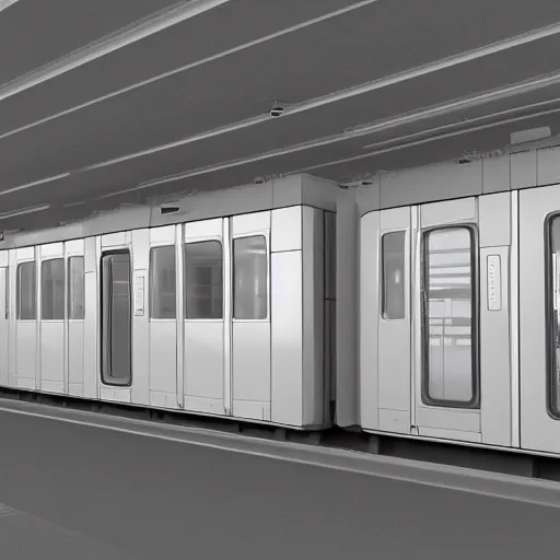 Prompt: interior train gangway section with emergency valves cabinets, 3 d render metal palettes