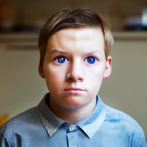 Prompt: serious looking 9 year old boy with crossed googly eyes