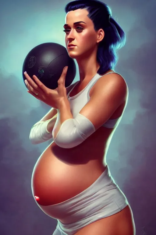 Prompt: pregnant katy perry in workout clothes, realistic portrait, symmetrical, highly detailed, digital painting, artstation, concept art, smooth, sharp focus, illustration, cinematic lighting, art by artgerm and greg rutkowski and alphonse mucha