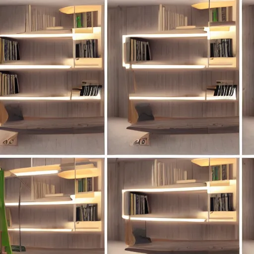 Prompt: wooden bookshelves with led strip lights, homes and gardens, super detailed render,