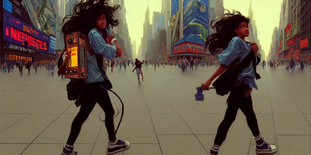 Image similar to a 1 9 9 0 s teenager with a boom box, walking down new york street, highly detailed, digital painting, artstation, concept art, matte, sharp focus, illustration, art by artgerm and greg rutkowski and alphonse mucha