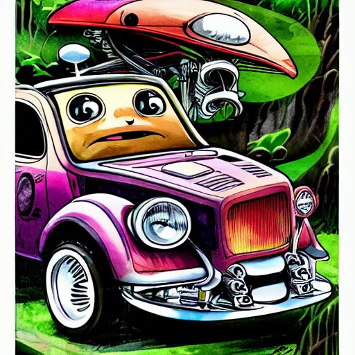 Image similar to racoon riding in a tiny hot rod coupe with oversized engine, ratfink style by ed roth, centered award winning watercolor pen illustration, by fine art america, edited by range murata