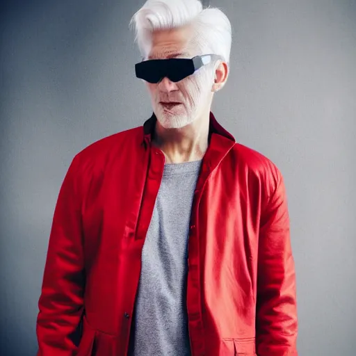 Image similar to young man in red jacket and white shirt, white hair, round goggles, smoking cigarette, character portrait, sharp focus, 4 k