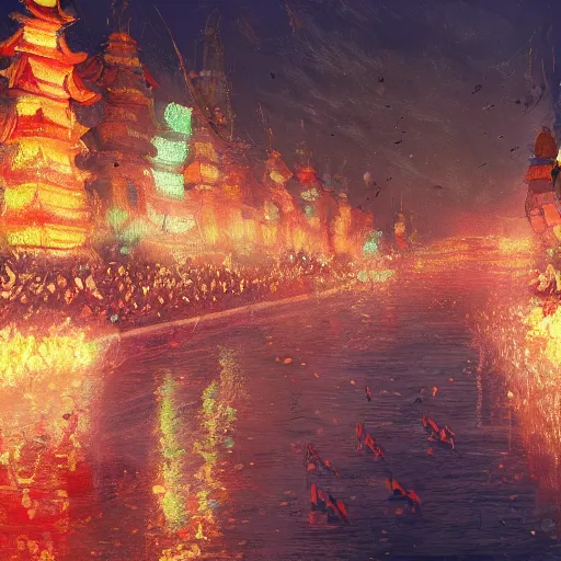 Image similar to concept art, river lanterns on the eve of ullambana festival, high resolution, by yi jeong, yi jing, artstation