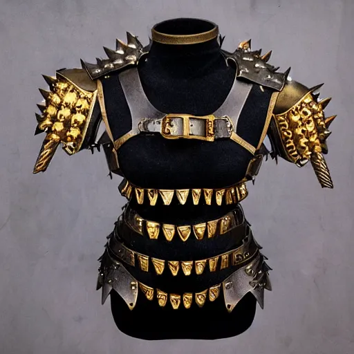 Image similar to female functional practical body armor steel gold medieval draconic spikes shiny realistic photo 4k