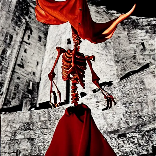 Prompt: by bruce davidson, by andrew boog faithfull redscale photography evocative. a beautiful kinetic sculpture of a horned, red - eyed, skeleton - like creature, with a long black cape, & a staff with a snake wrapped around it, standing in front of a castle atop a cliff.