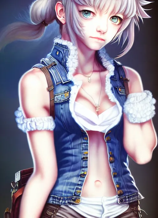 Image similar to a portrait of catgirl wearing white vest, and denim shorts an ultrafine detailed painting, detailed painting, beatyfull eyes, boris valejo. octopath traveler