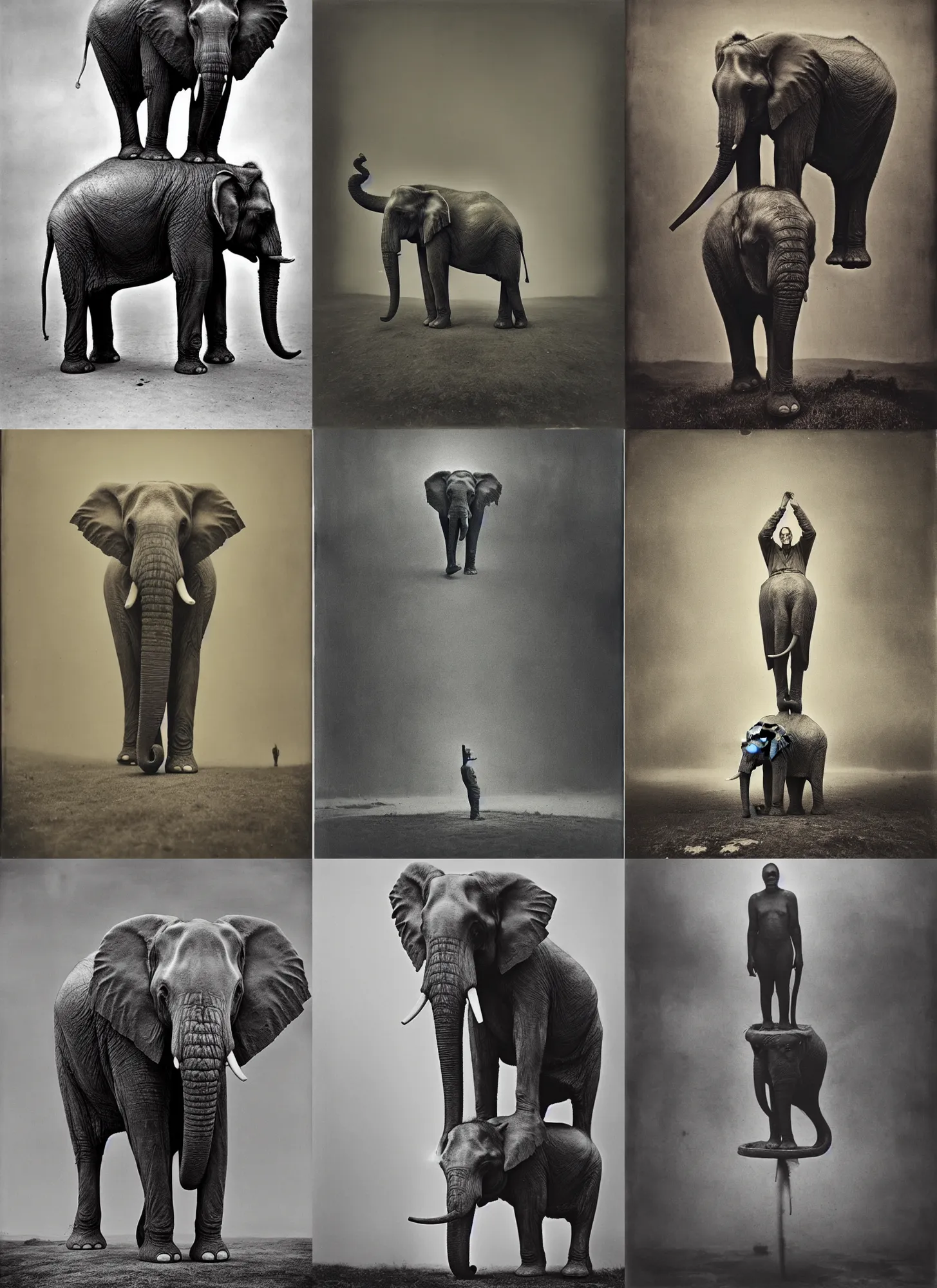 Prompt: wet plate photography, standing up elephant, beksinski