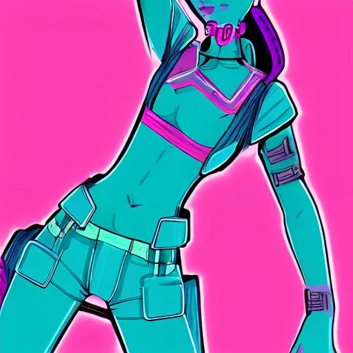 Image similar to female anthro character in teal and pink cyberpunk style, hd,