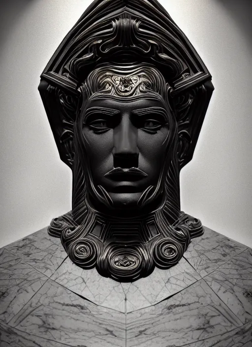 Image similar to stylized onyx black gold lines dark severe lighting ornate statue full body made of marble of judas, perfect symmetrical body, perfect symmetrical face, hyper realistic, hyper detailed, by johannen voss, by michelangelo, octane render, blender, 8 k, displayed in pitch black studio room