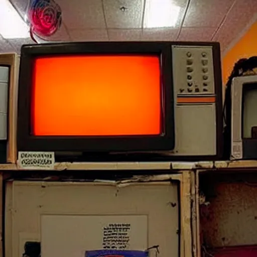 Prompt: low fidelity, low quality grainy image of a bright crt in a cluttered, claustrophobic orange room. the walls are closing in, the window to the digital soul stares intently