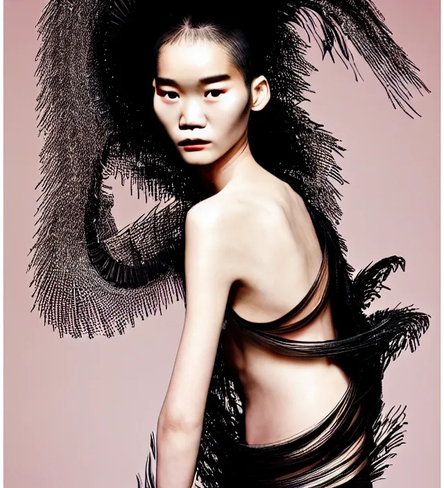 Prompt: photography american portrait of stunning model ming xi. great hair style, half in shadow, natural pose, natural lighing, rim lighting, wearing an ornate stunning sophisticated outfit created by iris van herpen, with a colorfull makeup by benjamin puckey, highly detailed, skin grain detail, photography by paolo roversi