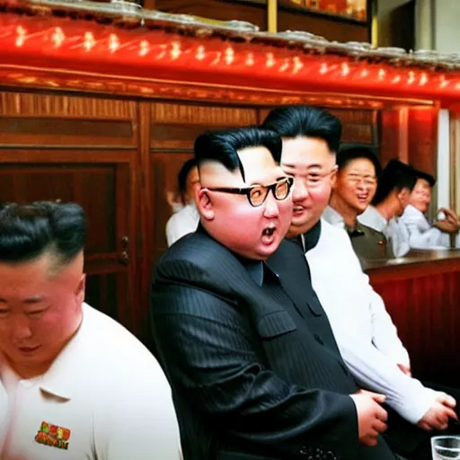 Prompt: kim jong - un having a drink in an ambient bar