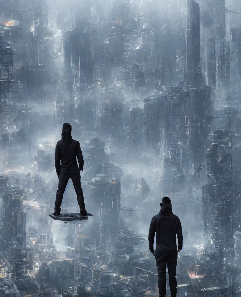 Image similar to mystic guy in techwear standing on roof of futuristic city, cyberpung, cinematic, rain