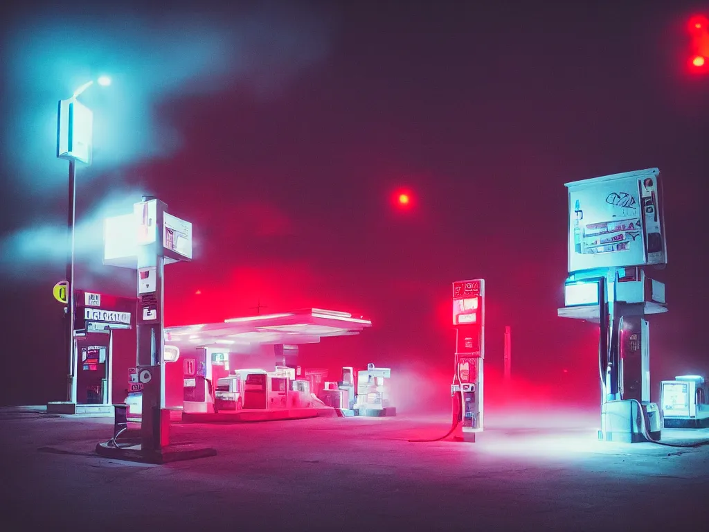 Image similar to “photography of gas station , fog, blue and red lights, night, mood, atmospheric, full of colour, digital photography”