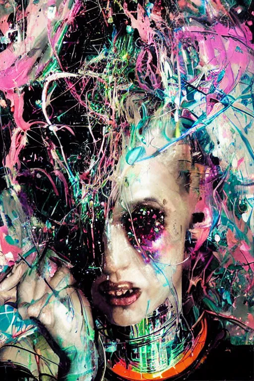 Prompt: portrait, headshot, digital painting, an delightfully mad techno - shaman lady, wink, synthwave, glittery reaction diffusion pattern, glitch, fracture, realistic, hyperdetailed, chiaroscuro, concept art, art by john berkey