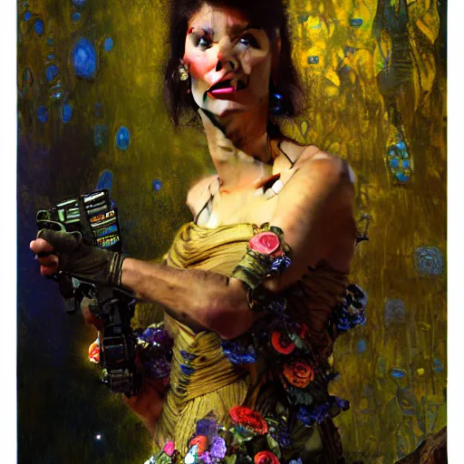 Image similar to portrait of an otter wearing a flower dress. shadowrun cyberpunk fantasy highly detailed painting by gaston bussiere craig mullins jc leyendecker gustav klimt artgerm greg rutkowski john berkey, bergey, craig mullins, ruan jia, raymond swanland, jeremy mann, tom lovell, alex malveda