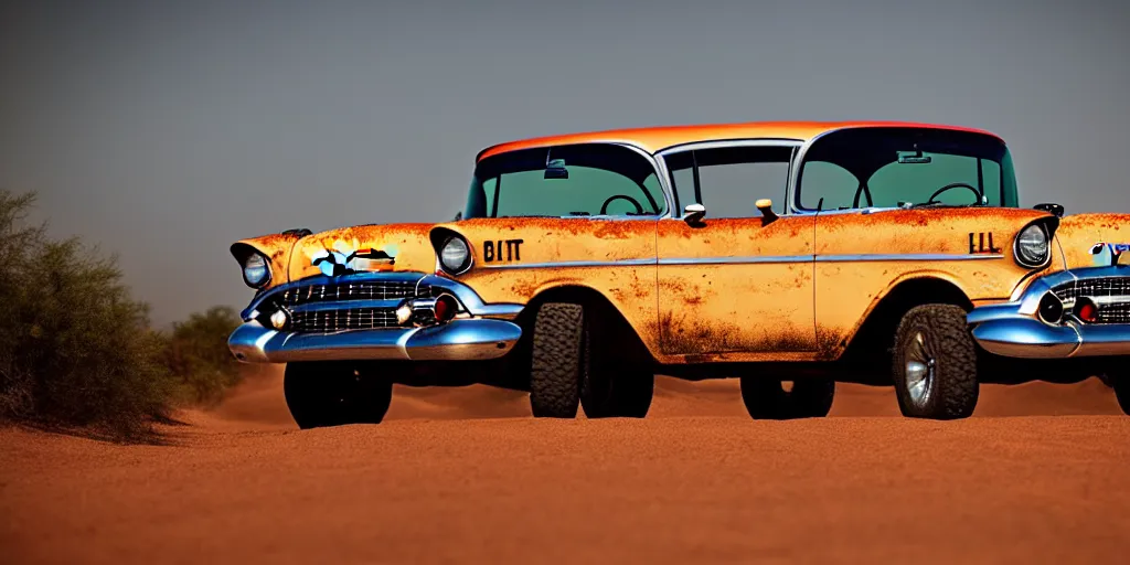 Image similar to rusty 1957 Chevrolet Bel Air, off-road, lifted, 4x4, K10, trophy truck, cinematic, Maxxis, 8k, depth of field, mexican desert, bokeh, DAKAR.
