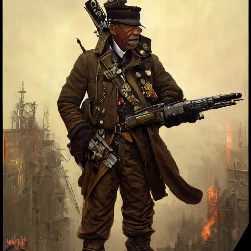 Image similar to Morgan Freeman as a Dieselpunk Steampunk soldier, intricate, highly detailed, digital painting, artstation, concept art, sharp focus, illustration, art by greg rutkowski and alphonse mucha