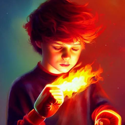 Image similar to colorful and festive captivating young child boy, brown fluffy hair, wearing red and yellow clothes, shooting a fire ball out of his fist. rich vivid colors, ambient lighting, dynamic lighting, 4 k, atmospheric lighting, painted, intricate, highly detailed by charlie bowater