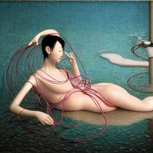 Prompt: Kenne Gregoire, award winning masterpiece with incredible details, Zhang Kechun, a surreal vaporwave vaporwave vaporwave vaporwave vaporwave painting by Thomas Cole of an old pink mannequin head with cables and wires coming out of it's neck, sinking underwater, highly detailed