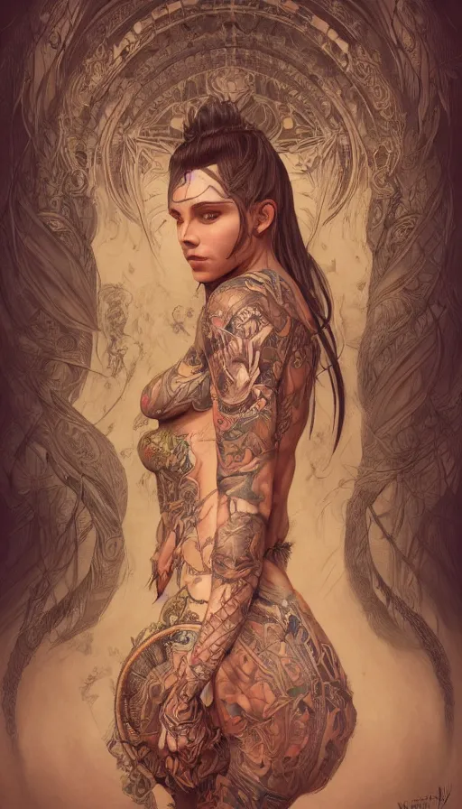 Image similar to fully tattooed girl, shaman clothing, ritual, fame of thrones, fibonacci, sweat drops, insane, intricate, highly detailed, surrealistic, digital painting, artstation, concept art, smooth, sharp focus, illustration, unreal engine 5, 8 k, art by artgerm and greg rutkowski and alphonse mucha