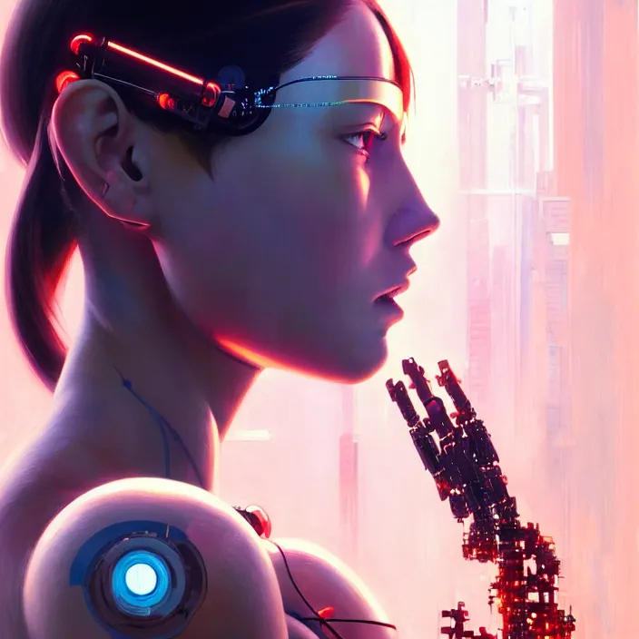 Image similar to side portrait of cyborg girl with robotic parts | | head only in center of image, audrey plaza, fine detail!! anime!! realistic shaded lighting!! poster by ilya kuvshinov katsuhiro otomo ghost - in - the - shell, magali villeneuve, artgerm, jeremy lipkin and michael garmash and rob rey