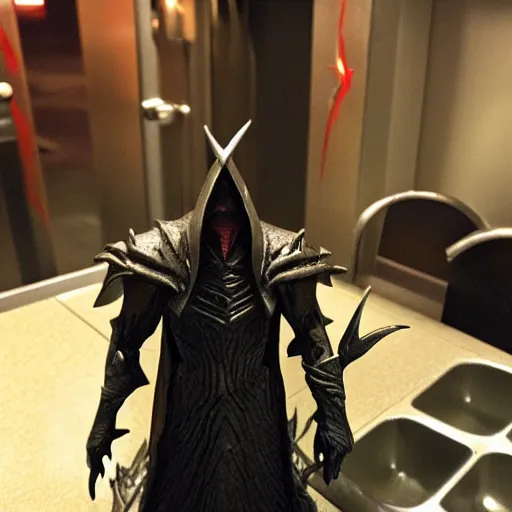 Image similar to candid Pic of Sauron the dark lord while pooping in the bathroom of a McDonalds restaurant