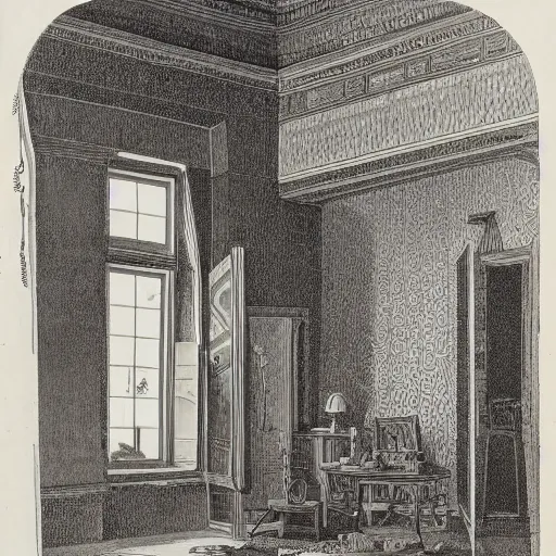 Prompt: very detailed interior of a building, bedroom of an artist in the style of Gregorius Sickinger (1558–1631), Swiss painter, draftsman and engraver
