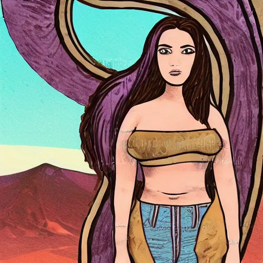 Prompt: illustration of a short but curvaceous El Salvadorian woman names Sarah with long brown hair and brown eyes. Her face had complex deep intriguing shamanic patterns within it. She stands in front of a solar Punk post apocalyptic scene