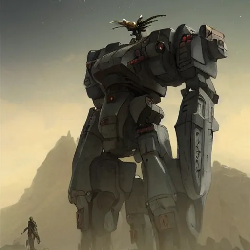 Image similar to epic portrait A mech giant robot walking around on a dead world, atmospheric, apocalyptic, rocky, digital painting, artstation, concept art, soft light, hdri, smooth, sharp focus, illustration, fantasy, intricate, elegant, highly detailed, D&D, matte painting, in the style of Greg Rutkowski and Alphonse Mucha and artemisia, 8k, highly detailed, jurgens, rutkowski, bouguereau, pastoral, rustic, georgic