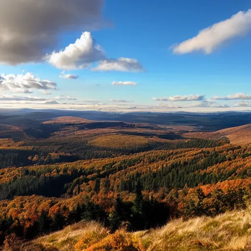 Prompt: autumnal view from the top of a scottish mountain with heather, pine forests, blue skies, rivers and cirrus clouds