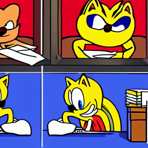 Prompt: Sonic and Garfield do their taxes the video game