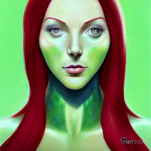 Image similar to Redhead Pleiadian alien human beautiful hybrid feminine woman, green skin, long gorgeous red hair in loose curls, with stunning green eyes, cute round face and a roundish nose, as a retrofuturistic heroine, face and body, gorgeous psychedelic digital painting, artstation, concept art, smooth, sharp focus, illustration, art by artgerm and donato giancola and Joseph Christian Leyendecker, Ross Tran, WLOP