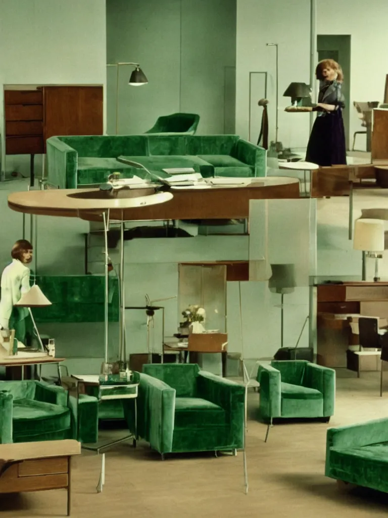 Image similar to a still of severance series indoor 7 0 s green velvet and wood with metal furniture office scenario appearing in a film of jacques tati