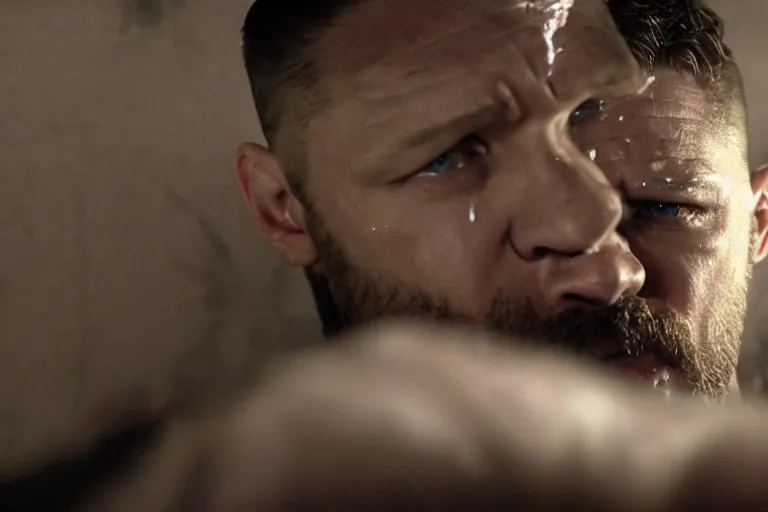 Image similar to film still of Tom Hardy as Max Payne in a dark dream crying over baby crib in the Max Payne movie, 4k