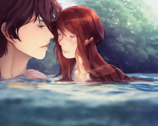 Image similar to a boy and a girl with long flowing auburn hair sitting together in a boat. Atmospheric lighting, long shot, romantic, boy and girl are the focus, trees, blue water. Anime. By Makoto Shinkai, Stanley Artgerm Lau, WLOP, Rossdraws, James Jean, Andrei Riabovitchev, Marc Simonetti, krenz cushart, Sakimichan, D&D trending on ArtStation, digital art.