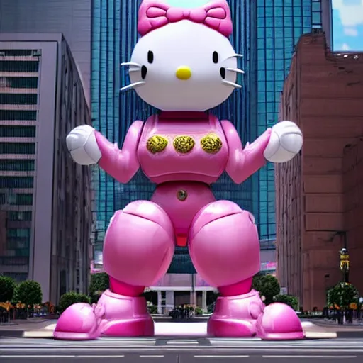Prompt: a beautiful hyperrealistic ultradetailed 3D render of a hello kitty shaped mecha standing in the city, by brian sum and stephen martiniere and Antonio Manzanedo. mech, dragon, unreal engine, octane render, PBR, 3D, brilliantly colored, intricate, wide angle, volumetric lighting, polished, path tracing
