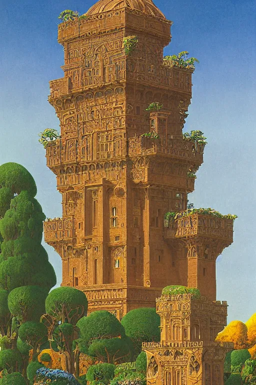 Image similar to ancient carved tower of the moon in its gardens fairytale illustration, elaborate latticed balconies, tall windows, moorish architecture, formal gardens, dramatic cinematic lighting, soft colors, golden age illustrator, unreal engine, by Ludwig Deutsch and William Dyce and April Gornik and (Maxfield Parrish and Nicholas Roerich)