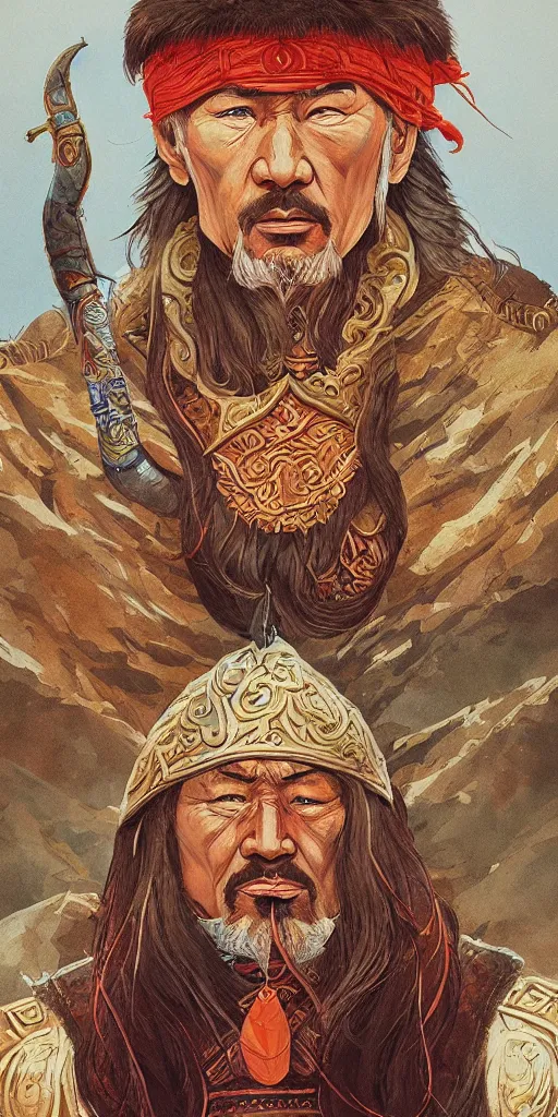 Image similar to highly detailed portrait of genghis khan by roger dean and alena aenami, intense eyes