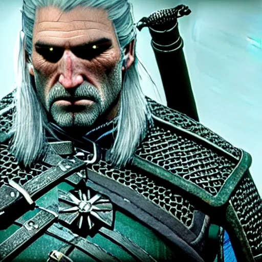 Prompt: film still of of geralt from the witcher, sitting on a rock deep in thought, his left arm draped over his knee and his right arm flexed with his chin resting on his wrist, lost in thought