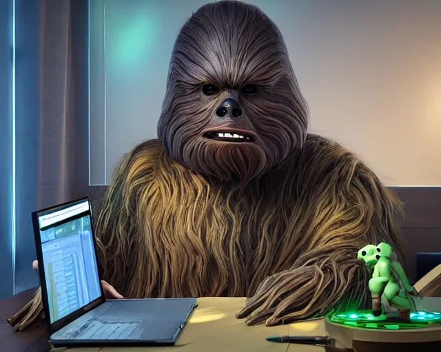 Image similar to wookiee at home trading crypto. the charts are at all time highs, gains, green charts, painting by grant wood and frank frazetta, 3 d rendering by beeple, wlop