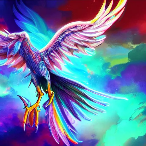 Image similar to artwork of a phoenix, highly detailed, artstation, rainbow colors, night sky background, smooth illustration, digital art, unreal engine