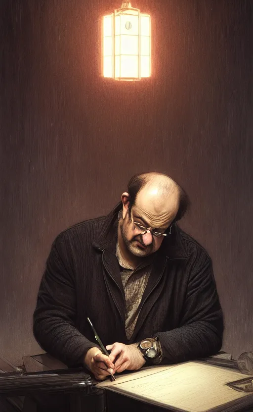 Prompt: portrait of salman rushdie writing in the dark, deep focus, blade runner 2 0 4 9, fantasy, intricate, elegant, highly detailed, digital painting, artstation, concept art, matte, sharp focus, illustration, art by artgerm and greg rutkowski and alphonse mucha