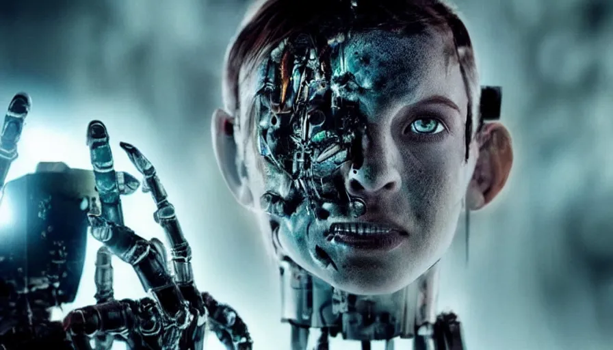 Image similar to big budget horror movie a cyborg fusing with a human