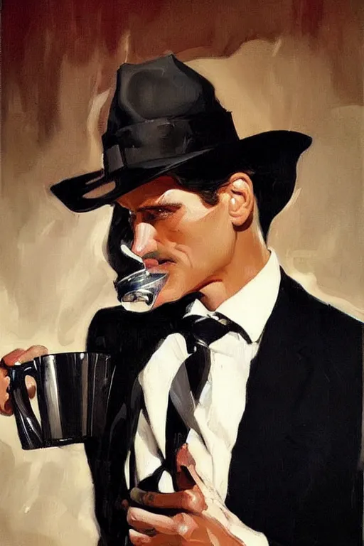 Image similar to dale cooper drinking coffee, coffee spilling, waves of black liquid, painting by jc leyendecker!! phil hale!, lynchian!!!! ominious, dark lighting, angular, brush strokes, painterly, vintage, crisp