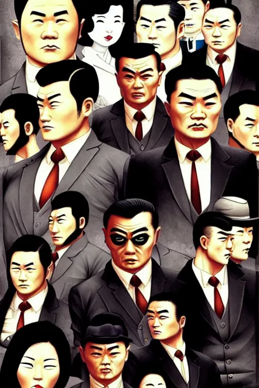 Prompt: chinnese mafia, with black suit, some of them have myth china tatto. digital art, concept art, pop art, bioshock art style, accurate, detailed, gta chinatown art style, dynamic, face features, body features, ultra realistic, smooth, sharp focus, art by richard hamilton and mimmo rottela