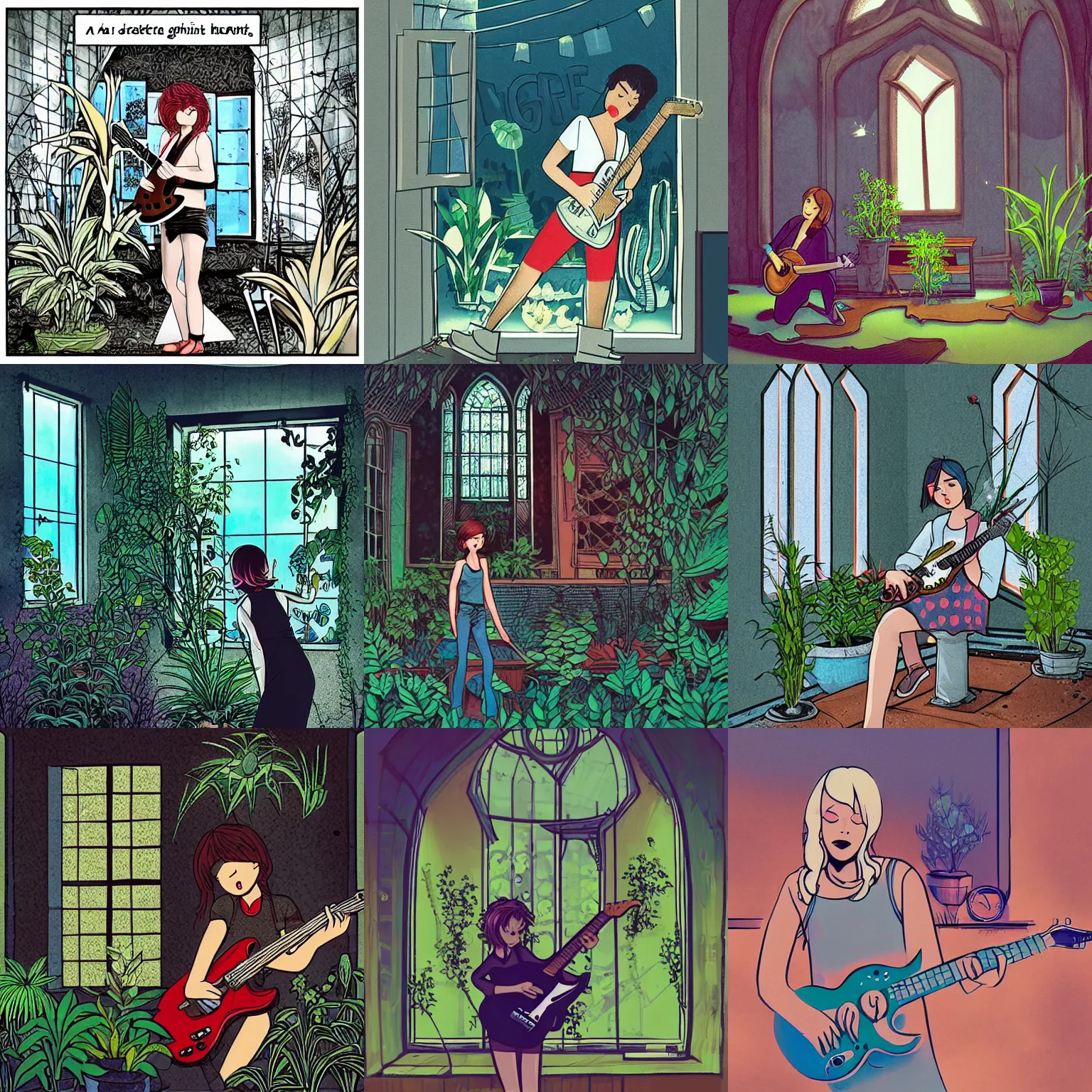 Prompt: “ a comic scene of a short hair girl playing electric guitar in an abandoned chapel with wildly growing plants, sunlight through the broken window, trending on artstation, by ai yazawa illustrated ”