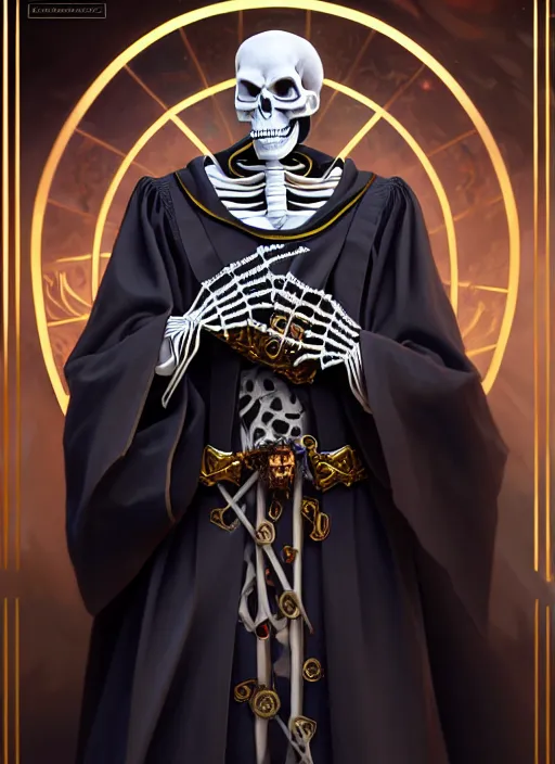 Image similar to undead skeleton king, wearing an academic gown, tarot card, highly detailed, deep focus, elegant, digital painting, smooth, sharp focus, illustration, ultra realistic, 8 k, art by artgerm and alphonse mucha and greg rutkowski